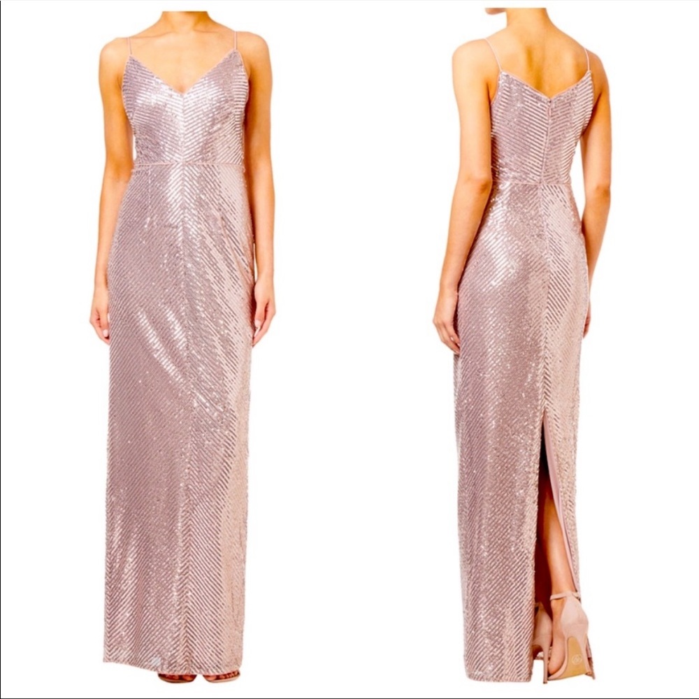 ADRIANNA PAPELL Rose Gold Sequin Spaghetti Strap Full-Length Formal Dress Gown 8